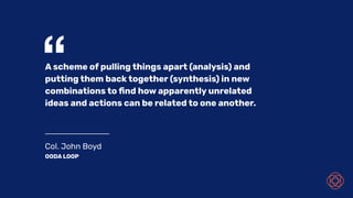 Col. John Boyd
OODA LOOP
“A scheme of pulling things apart (analysis) and
putting them back together (synthesis) in new
combinations to ﬁnd how apparently unrelated
ideas and actions can be related to one another.
 