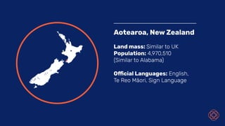 Aotearoa, New Zealand
Land mass: Similar to UK
Population: 4,970,510
(Similar to Alabama)
Official Languages: English,
Te Reo Māori, Sign Language
 