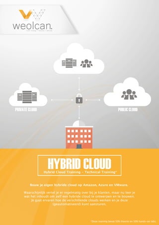 PUBLIC CLOUDPRIVATE CLOUD
Hybrid Cloud Training - Technical Training*
Waarschijnlijk vertel je er regelmatig over bij je klanten, maar nu leer je
wat het inhoudt om zelf een hybride cloud te ontwerpen en te bouwen.
Je gaat ervaren hoe de verschillende clouds werken en je deze
(geautomatiseerd) kunt aansturen.
Bouw je eigen hybride cloud op Amazon, Azure en VMware.
*Deze training bevat 50% theorie en 50% hands-on labs.
HYBRID CLOUD
 