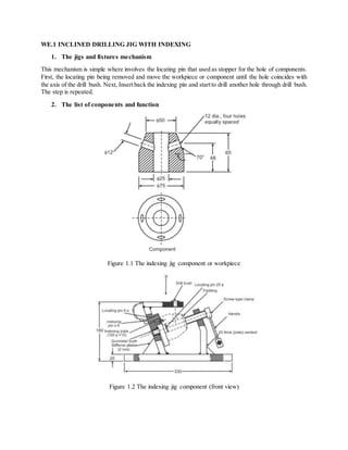 WE.1 INCLINED DRILLING JIG WITH INDEXING
1. The jigs and fixtures mechanism
This mechanism is simple where involves the locating pin that used as stopper for the hole of components.
First, the locating pin being removed and move the workpiece or component until the hole coincides with
the axis of the drill bush. Next, Insertback the indexing pin and startto drill another hole through drill bush.
The step is repeated.
2. The list of conponents and function
Figure 1.1 The indexing jig component or workpiece
Figure 1.2 The indexing jig component (front view)
 