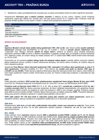 AKCIOVÝ TRH – PRAŢSKÁ BURZA

    Společnost s velkou pravděpodobností nevyužije opci na odkup chorvatských aktivit od svého majoritního akcionáře

Prezentované informace jsou z našeho pohledu neutrální a většinou již trhu známy. Výplatní poměr dividendy
očekáváme, stejně jako většina trhu výrazně výše, než byla spodní hranice 70 % z čistého zisku. Pozitivem může být
případné dřívější spuštění on-line sázení v Polsku, s kterým jsme počítali až od ledna 2012.

 mil. EUR                                    2010                2009                 r/r             odhad AFT
 Hrubé výhry ze sázek                        92,8                84,7                9,6%                93,0
 Celkové tržby                               81,2                74,6                8,8%                80,0
 EBITDA                                      25,1                23,5                6,6%                24,8
 Zisk před zdaněním                          20,1                19,4                4,1%                20,2
 Čistý zisk z pokračujících operací          17,4                16,9                2,6%                17,1
Zdroj: Atlantik FT, Fortuna


ZPRÁVY ZE SPOLEČNOSTÍ

CME
Agentura Moody’s minulé úterý sníţila rating společnosti CME z B2 na B3. Jako důvod uvedla vysoké zadluţení
společnosti (ukazatel čistý dluh/EBITDA ve výši cca 10 k závěru r. 2010) a pomalé oţivení reklamních trhů
v uplynulém roce. Moody’s stanovila výhled na stupni stabilní, přičemž za pozitivní vývoj označila pokračující
dominantní postavení CME na trzích a zlepšení hospodaření v důsledku prodeje aktiv na Ukrajině a akvizice bulharské
bTV. Agentura uvedla, že snížení ratingu se netýká závazků CET 21 (české části CME) včetně loňské emise dluhopisů
za 170 mil. EUR.
Domníváme se, že současné sníţení ratingu bude mít omezený reálný dopad v podobě vyšších úrokových nákladů,
jelikož společnost nemusí v příštích 2 letech refinancovat dluhopisy. Na druhou stranu vnímáme, že snížený rating na
trzích nepůsobí pozitivně.
Společnost Time Warner, hlavní akcionář společnosti CME, nakoupila 3,12 milionu akcií společnosti, tj. přes 5 %
akcií společnosti. Transakce proběhla 2.3. 2011. Time Warner tak navýšil svůj podíl na akciích CME typu A
z 25,49% na cca 30,98%. Podle záznamů agentury Bloomberg odpovídá nakoupený počet akcií objemu, který držela ke
konci ledna společnost Testora Limited. Domníváme se proto, že Testora Limited byla prodejcem a odprodala tak celý
svůj podíl.

NWR
Podle tiskového prohlášení NWR prodal člen představenstva společnosti Hans-Jürgen Mende 38 tisíc akcií NWR
(cca 0,015 %). Prodej byl realizován na londýnské burze 25. února 2011 za cenu cca 269 Kč/akcie (9,4016 GBP).
Produkce oceli na hlavních trzích NWR (CZ, D, A, PL, SK) za leden 2011 vzrostla jak v měsíčním (+13,3 %), tak i
v ročním srovnání (+8,8 %). Zprávu potvrzuje skutečnost, že hlavní odběratel koksovatelného uhlí společnost Arcelor
Mittal Ostrava (AMO) oznámil, že poptávka je vyšší než produkce a AMO ji není schopen uspokojit. Podobnou situaci
čeká AMO do konce druhého čtvrtletí. Prakticky stejné informace jsou od dalšího zákazníka NWR, Třineckých železáren.
Zprávy jsou příznivé vzhledem k jednáním o cenách koksovatelného uhlí pro 2Q11.
NWR udělí celkem 101 136 akcií (0,04 % celkového počtu) jako odměnu pro vedení společnosti. Jedná se o
standardní odměnu, která je navázána na hospodaření společnosti a je ve stanovách společnosti.

AAA Auto
Představenstvo AAA Auto schválilo plán, podle kterého chce ještě v tomto roce vstoupit na ruský trh. Tento záměr
avizovala společnost již dříve. Co se týče opětovného otevření poboček v Maďarsku, tak zde se bude čekat na
ekonomické oživení.

IPO - ČSOB
Podle Lidových novin rozhodne belgická skupina KBC o případném prodeji ČSOB v období od 11. do 15. března
tohoto roku. Pokud by se KBC definitivně rozhodla část ČSOB prodat, emise akcií by údajně proběhla ještě koncem
března či začátkem dubna. Prozatím není zcela zřejmé, jak velký podíl by byl prodán. KBC potřebuje získat do roku
2013 prostředky na vrácení finanční pomoci ve výši 7 mld. EUR. Část tohoto dluhu je však splatná již na konci tohoto
roku. Podle našeho názoru je zde i poměrně velká pravděpodobnost, ţe KBC bude nucena prodat ČSOB celou.
V tomto případě by zřejmě prodej neprobíhal prostřednictvím burzy, ale přímo případnému zájemci.
 