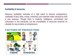 Availability of resources
Resource availability motivates at a high extent to become entrepreneurs,
availability of land, labor, money, machinery, and materials make individual to start
a new business. Though there is creativity, intelligence, commitment and
enthusiasm in the individuals, but the unavailability of resources becomes an
obstacle for new entrants or entrepreneurs.
 