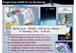 Single-Pass InSAR for Ice Monitoring




        • Börner et al., “SIGNAL: SAR for Ice, Glacier ...”
               Thursday, 9:40 – 10:45 am
   High uncertainty about future sea level rise
       IPCC’07 height increase 28 - 43 cm, now 1.4 m
       major uncertainty: stability of polar ice sheets
   Large Baseline Single-Pass InSAR
       provides high resolution also in complex terrain
       avoids gaps of laser & radar altimetry systems
       allows accurate observation of temporal evolution
                                 Vorhaben TanDEM-X Nutzung
 
