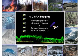 4-D SAR Imaging
monitoring internal
structure changes
         in
forests, ice, snow,
permafrost soils, ...




               The Future of Spaceborne Synthetic Aperture Radar
     IGARSS 2010 - Special Session Honoring the Achievements of Kiyo Tomiyasu
 