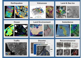 Earthquakes      Volcanoes                                    Land & Sea Ice




  Ocean       Land Environment                                   Subsidence




  Traffic          Disaster                                 Reconnaissance




                          The Future of Spaceborne Synthetic Aperture Radar
                IGARSS 2010 - Special Session Honoring the Achievements of Kiyo Tomiyasu
 