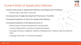 Current State of Application Delivery
Massive Decrease in Application Delivery and Deployment Timelines:
Amazon ships code every 12 seconds.
Increased Use of Agile Development Practices in the SDLC
Increased Adoption of Cloud for Application Delivery
Increased Adoption of DevOps practices to:
Reduce friction between Development and Operations
Increase Collaboration in all areas of Application Delivery
Leverage Continuous Integration, Delivery and Deployment to release code to production
faster
Leverage Automation – To increase Throughput
© 2015 , we45 3
 