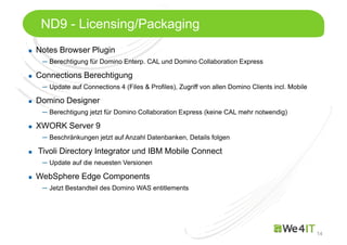 Mastertitelformat bearbeiten
14
ND9 - Licensing/Packaging
Notes Browser Plugin
─ Berechtigung für Domino Enterp. CAL und Domino Collaboration Express
Connections Berechtigung
─ Update auf Connections 4 (Files & Profiles), Zugriff von allen Domino Clients incl. Mobile
Domino Designer
─ Berechtigung jetzt für Domino Collaboration Express (keine CAL mehr notwendig)
XWORK Server 9
─ Beschränkungen jetzt auf Anzahl Datenbanken, Details folgen
Tivoli Directory Integrator und IBM Mobile Connect
─ Update auf die neuesten Versionen
WebSphere Edge Components
─ Jetzt Bestandteil des Domino WAS entitlements
 