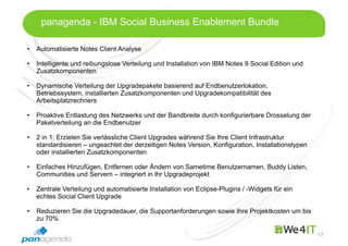 Mastertitelformat bearbeiten
17
panagenda - IBM Social Business Enablement Bundle
• Automatisierte Notes Client Analyse
• Intelligente und reibungslose Verteilung und Installation von IBM Notes 9 Social Edition und
Zusatzkomponenten
• Dynamische Verteilung der Upgradepakete basierend auf Endbenutzerlokation,
Betriebssystem, installierten Zusatzkomponenten und Upgradekompatibilität des
Arbeitsplatzrechners
• Proaktive Entlastung des Netzwerks und der Bandbreite durch konfigurierbare Drosselung der
Paketverteilung an die Endbenutzer
• 2 in 1: Erzielen Sie verlässliche Client Upgrades während Sie Ihre Client Infrastruktur
standardisieren – ungeachtet der derzeitigen Notes Version, Konfiguration, Installationstypen
oder installierten Zusatzkomponenten
• Einfaches Hinzufügen, Entfernen oder Ändern von Sametime Benutzernamen, Buddy Listen,
Communities und Servern – integriert in Ihr Upgradeprojekt
• Zentrale Verteilung und automatisierte Installation von Eclipse-Plugins / -Widgets für ein
echtes Social Client Upgrade
• Reduzieren Sie die Upgradedauer, die Supportanforderungen sowie Ihre Projektkosten um bis
zu 70%
 