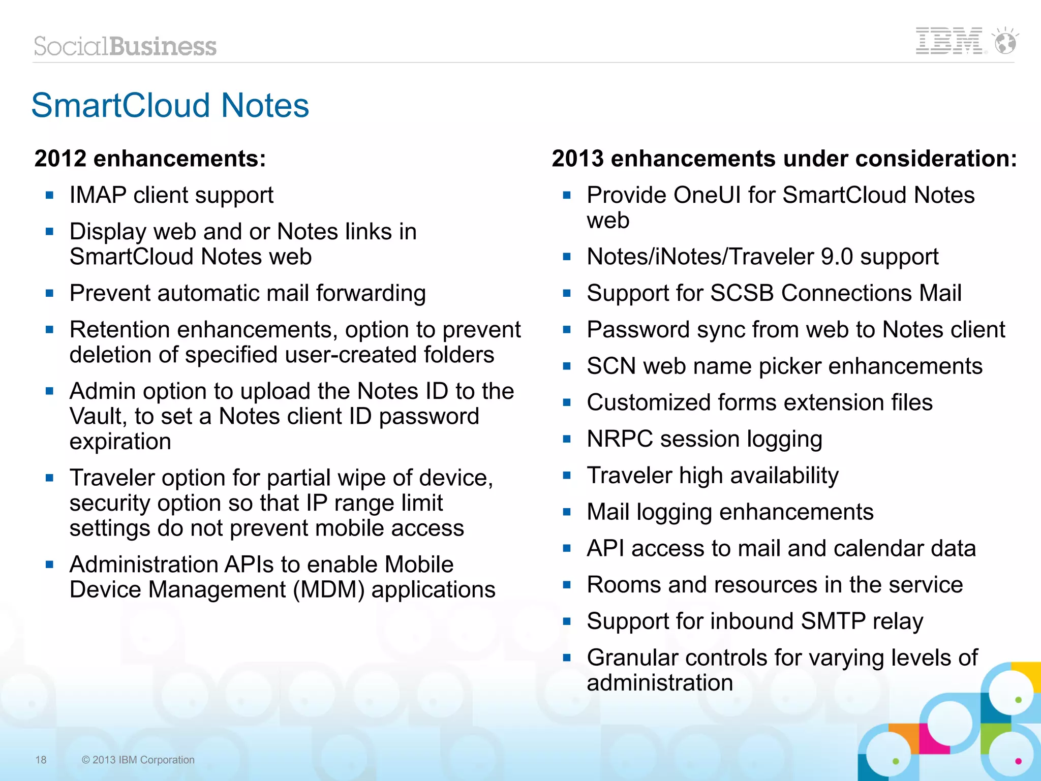 SmartCloud Notes
2012 enhancements:                                 2013 enhancements under consideration:
    IMAP client support                              Provide OneUI for SmartCloud Notes
    Display web and or Notes links in                 web
     SmartCloud Notes web                             Notes/iNotes/Traveler 9.0 support
    Prevent automatic mail forwarding                Support for SCSB Connections Mail
    Retention enhancements, option to prevent        Password sync from web to Notes client
     deletion of specified user-created folders       SCN web name picker enhancements
    Admin option to upload the Notes ID to the       Customized forms extension files
     Vault, to set a Notes client ID password
     expiration                                       NRPC session logging
    Traveler option for partial wipe of device,      Traveler high availability
     security option so that IP range limit           Mail logging enhancements
     settings do not prevent mobile access
                                                      API access to mail and calendar data
    Administration APIs to enable Mobile
     Device Management (MDM) applications             Rooms and resources in the service
                                                      Support for inbound SMTP relay
                                                      Granular controls for varying levels of
                                                       administration


18    © 2013 IBM Corporation
 