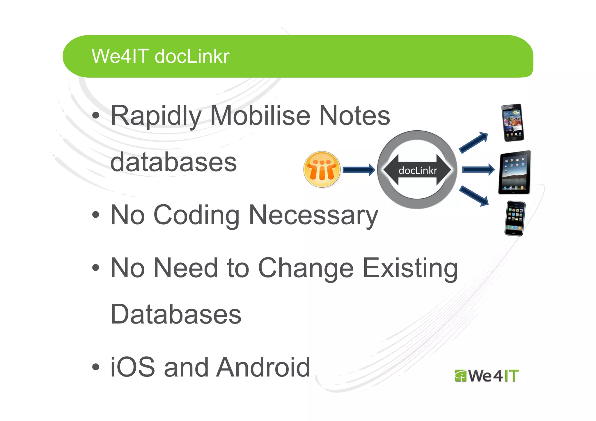 We4IT docLinkr

• Rapidly Mobilise Notes
databases

docLinkr

• No Coding Necessary
• No Need to Change Existing
Databases
• iOS and Android
Mastertitelformat bearbeiten

 