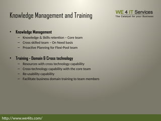 Knowledge Management and Training
• Knowledge Management
– Knowledge & Skills retention – Core team
– Cross skilled team – On Need basis
– Proactive Planning for Flexi-Pool team
• Training - Domain & Cross technology
– Resources with cross technology capability
– Cross-technology capability with the core team
– Re-usability capability
– Facilitate business domain training to team members
http://www.we4its.com/
 
