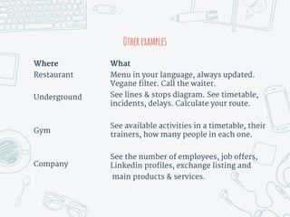 Otherexamples
Where
Restaurant
Underground
Gym
Company
What
Menu in your language, always updated.
Vegane filter. Call the waiter.
See lines & stops diagram. See timetable,
incidents, delays. Calculate your route.
See available activities in a timetable, their
trainers, how many people in each one.
See the number of employees, job offers,
Linkedin profiles, exchange listing and
main products & services.
 