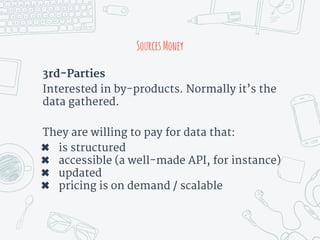 SourcesMoney
3rd-Parties
Interested in by-products. Normally it’s the
data gathered.
They are willing to pay for data that:
✖ is structured
✖ accessible (a well-made API, for instance)
✖ updated
✖ pricing is on demand / scalable
 