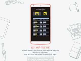 Place your screenshot here
Flightinfo&flightalerts
No need to check continuously the screens! It magically
appears in your hand.
Plus, it informs you of any change on your flight.
 