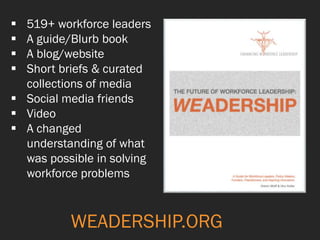  519+ workforce leaders
 A guide/Blurb book
 A blog/website
 Short briefs & curated
collections of media
 Social media friends
 Video
 A changed
understanding of what
was possible in solving
workforce problems
WEADERSHIP.ORG
 