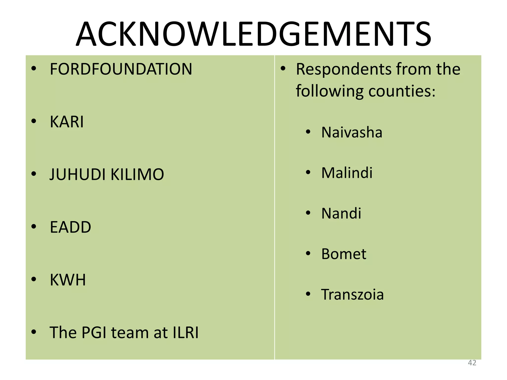 ACKNOWLEDGEMENTS
• FORDFOUNDATION         • Respondents from the
                           following counties:
• KARI
                            • Naivasha

• JUHUDI KILIMO             • Malindi

                            • Nandi
• EADD
                            • Bomet
• KWH
                            • Transzoia

• The PGI team at ILRI
                                                  42
 
