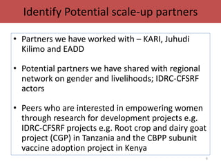 Identification and advocating for scaling partners: Integrating rights and livelihood programs while measuring empowerment using the Women’s Empowerment in Agriculture Index