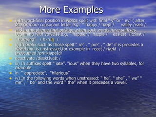 More Examples i) In word-final position in words spelt with final “ y” or “ ey” ( after one or more consonant letter e.g.  “ happy / hæpi /  valley /væli / and in morpheme final position when such words have suffixes beginning with vowelss,e.g. “ happier /  hæpiə /  easiest  /i:ziəst / “  hurrying”  / h ʌ riI ŋ   / ii) In prefix such as those spelt “ re” , “ pre” , “ de” if is precedes a vowel and is unstressed,for example in  react / riækt  /  preocupied /priɒkjəpaId/  deactivate /diæktIveIt / iii) In suffixes spelt “ iate”, “ious” when they have two syllables, for example  in  “ appreciate”,  “hilarious”  iv) In the following words when unstressed: “ he”, “ she” , “ we” “ me” , “ be” and the word “ the” when it precedes a vowel. 