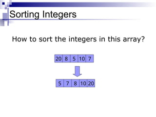 Sorting Integers
20 8 5 10 7
5 7 8 10 20
How to sort the integers in this array?
 