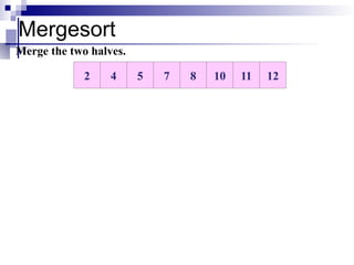 Mergesort
5 7 8 10 11 12
4
2
Merge the two halves.
 