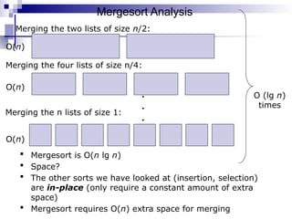 Mergesort Analysis
Merging the two lists of size n/2:
O(n)
Merging the four lists of size n/4:
O(n)
.
.
.
Merging the n lists of size 1:
O(n)
O (lg n)
times
 Mergesort is O(n lg n)
 Space?
 The other sorts we have looked at (insertion, selection)
are in-place (only require a constant amount of extra
space)
 Mergesort requires O(n) extra space for merging
 