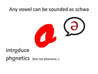 Any vowel can be sounded as schwa

introduce
phonetics

(but not phoneme..)

 