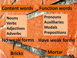 Content words
Nouns
Verbs
Adjectives
Adverbs

Function words
Pronouns
Auxilliaries
Modals
Prepositions

No weak forms Have weak forms

Bricks

Mortar

 