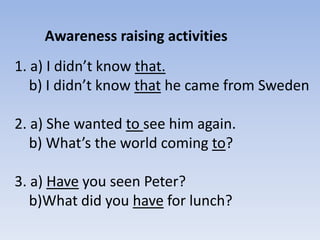 Awareness raising activities
1. a) I didn’t know that.
b) I didn’t know that he came from Sweden
2. a) She wanted to see him again.
b) What’s the world coming to?
3. a) Have you seen Peter?
b)What did you have for lunch?

 