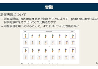 実実験験
潜在表現について�
–  潜在表現は，constraint lossを加えたことによって，point cloudの形式の幾
何学的意味を持つヒトの3次元構造をなす�
–  潜在表現を⽤いていることで，よ�ドメイン��性能が⾼い�
14
 