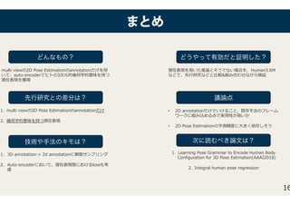 ままととめめ
16
multi viewの2D Pose Estimationのannotationだけを⽤
いて、auto-encoderでヒトの3次元的幾何学的意味を持つ
潜在表現を獲得�
どんなもの？	
次に読むべき論文は？	
議論点	
どうやって有効だと証明した？	
技術や手法のキモは？	
先行研究との差分は？	
1.  multi viewの2D Pose Estimationのannotationだけ�
2.  幾何学的意味を持つ潜在表現�
�
1.  3D annotation-> 2d annotationに無限サンプリング�
2.  Auto-encoderにおいて，潜在表現間におけるlossも考
��
潜在表現を⽤いた推論とそうでない場合を，Human3.6M
などで，先⾏研究などと⽐較&組み合��ながら検証�
•  2D annotationだけでいけること，既存⼿法のフレーム
ワークに組み込める点で実⽤性が⾼いか�
•  2D Pose Estimationの����に⼤きく�存しそう�
1.  Learning Pose Grammar to Encode Human Body
Con�guration for 3D Pose Estimation(AAAI2018)�
2.  Integral human pose regression�
 