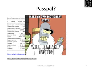Passpal?
Charset frequency, sorted by count, full table
+------------------------------------------------------------------------+
| Charset | Count | Of total | Count/keyspace |
+------------------------------------------------------------------------+
| lower-upper-numeric-symbolic | 24278 | 99.9547 % | 255.55789473684212 |
| lower-upper-numeric | 24228 | 99.7489 % | 390.7741935483871 |
| lower-numeric-symbolic | 23579 | 97.0769 % | 341.72463768115944 |
| lower-numeric | 23537 | 96.9039 % | 653.8055555555555 |
| lower-upper-symbolic | 4864 | 20.0255 % | 57.22352941176471 |
| lower-upper | 4835 | 19.9061 % | 92.98076923076923 |
| lower-symbolic | 4652 | 19.1527 % | 78.84745762711864 |
| lower | 4624 | 19.0374 % | 177.84615384615384 |
| upper-numeric-symbolic | 1148 | 4.7264 % | 16.63768115942029 |
| upper-numeric | 1139 | 4.6894 % | 31.63888888888889 |
| numeric-symbolic | 1107 | 4.5576 % | 25.74418604651163 |
| numeric | 1099 | 4.5247 % | 109.9 |
| upper-symbolic | 20 | 0.0823 % | 0.3389830508474576 |
| upper | 12 | 0.0494 % | 0.46153846153846156 |
| symbolic | 8 | 0.0329 % | 0.24242424242424243 |
+------------------------------------------------------------------------+
Defcon Russia (DCG #7812) 7
+----------------------------+
| Length | Count | Of total |
+----------------------------+
| 0 | 6 | 0.0247 % |
| 1 | 8 | 0.0329 % |
| 2 | 1 | 0.0041 % |
| 3 | 9 | 0.0371 % |
| 4 | 229 | 0.9428 % |
| 5 | 376 | 1.548 % |
| 6 | 2116 | 8.7118 % |
| 7 | 1550 | 6.3815 % |
| 8 | 17944 | 73.8771 % |
| 9 | 1044 | 4.2982 % |
| 10 | 589 | 2.425 % |
| 11 | 241 | 0.9922 % |
| 12 | 105 | 0.4323 % |
| 13 | 44 | 0.1812 % |
| 14 | 12 | 0.0494 % |
| 15 | 13 | 0.0535 % |
| 16 | 2 | 0.0082 % |
+----------------------------+
https://digi.ninja/projects/pipal.php
http://thepasswordproject.com/passpal
 