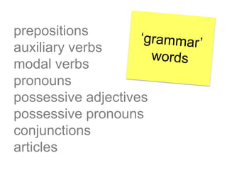prepositions
auxiliary verbs
modal verbs
pronouns
possessive adjectives
possessive pronouns
conjunctions
articles
 