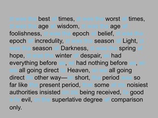 ɪt wəs thə best əf times, ɪt wəs thə worst əf times,
ɪt wəs thɪ age əf wisdom, ɪt wəs thɪ age əf
foolishness, ɪt wəs thɪ epoch əf belief, ɪt wəs thɪ
epoch əf incredulity, ɪt wəs thə season əf Light, ɪt
wəs thə season əf Darkness, ɪt wəs thə spring əf
hope, ɪt wəs thə winter əf despair, wɪ had
everything before əs, wɪ had nothing before əs,
wɪ wə all going direct tə Heaven, wɪ wə all
going direct thɪ other way—ɪn short, thə period
wəs so far like thə present period, thət some əf ɪts
noisiest authorities insisted on ɪts being received,
fə good ə fə evil, ɪn thə superlative degree əf
comparison only.
 