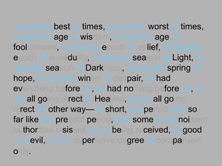 ɪt wəs thə best əf times, ɪt wəs thə worst əf times,
ɪt wəs thɪ age əf wisdom, ɪt wəs thɪ age əf
foolishness, ɪt wəs thɪ epoch əf belief, ɪt wəs thɪ
epoch əf incredulity, ɪt wəs thə season əf Light, ɪt
wəs thə season əf Darkness, ɪt wəs thə spring əf
hope, ɪt wəs thə winter əf despair, wɪ had
everything before əs, wɪ had nothing before əs,
wɪ wə all going direct tə Heaven, wɪ wə all
going direct thɪ other way—ɪn short, thə period
wəs so far like thə present period, thət some əf ɪts
noisiest authorities insisted on ɪts being received,
fə good ə fə evil, ɪn thə superlative degree əf
comparison only.
 