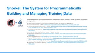 1
4
Snorkel: The System for Programmatically
Building and Managing Training Data
Snorkel is a system for programmatically building and managing training datasets to rapidly and ﬂexibly fuel machine
learning models.
● Data Programming with DDLite: Putting Humans in a Diﬀerent Part of the Loop (June 2016)
● Conversational agents at IBM: Bootstrapping Conversational Agents With Weak Supervision (AAAI 2019)
● Web content & event classiﬁcation at Google: Snorkel DryBell: A Case Study in Deploying Weak Supervision at Industrial
Scale (SIGMOD Industry 2019), and Google AI blog post
● Business intelligence at Intel: Osprey: Non-Programmer Weak Supervision of Imbalanced Extraction Problems (SIGMOD
DEEM 2019)
● Anti-semitic tweet classiﬁcation w/ Snorkel + transfer learning.
● Clinical text classiﬁcation: A clinical text classiﬁcation paradigm using weak supervision and deep representation (BMC
MIDM 2019)
● Social media text mining: Deep Text Mining of Instagram Data without Strong Supervision (ICWI 2018)
● Cardiac MRI classiﬁcation with Stanford Medicine: Weakly supervised classiﬁcation of rare aortic valve malformations
using unlabeled cardiac MRI sequences (BioArxiv 2018)
● Medical image triaging at Stanford Radiology: Cross-Modal Data Programming for Medical Images (NeurIPS ML4H 2017)
● GWAS KBC with Stanford Genomics: A Machine-Compiled Database of Genome-Wide Association Studies (NeurIPS
ML4H 2016)
 