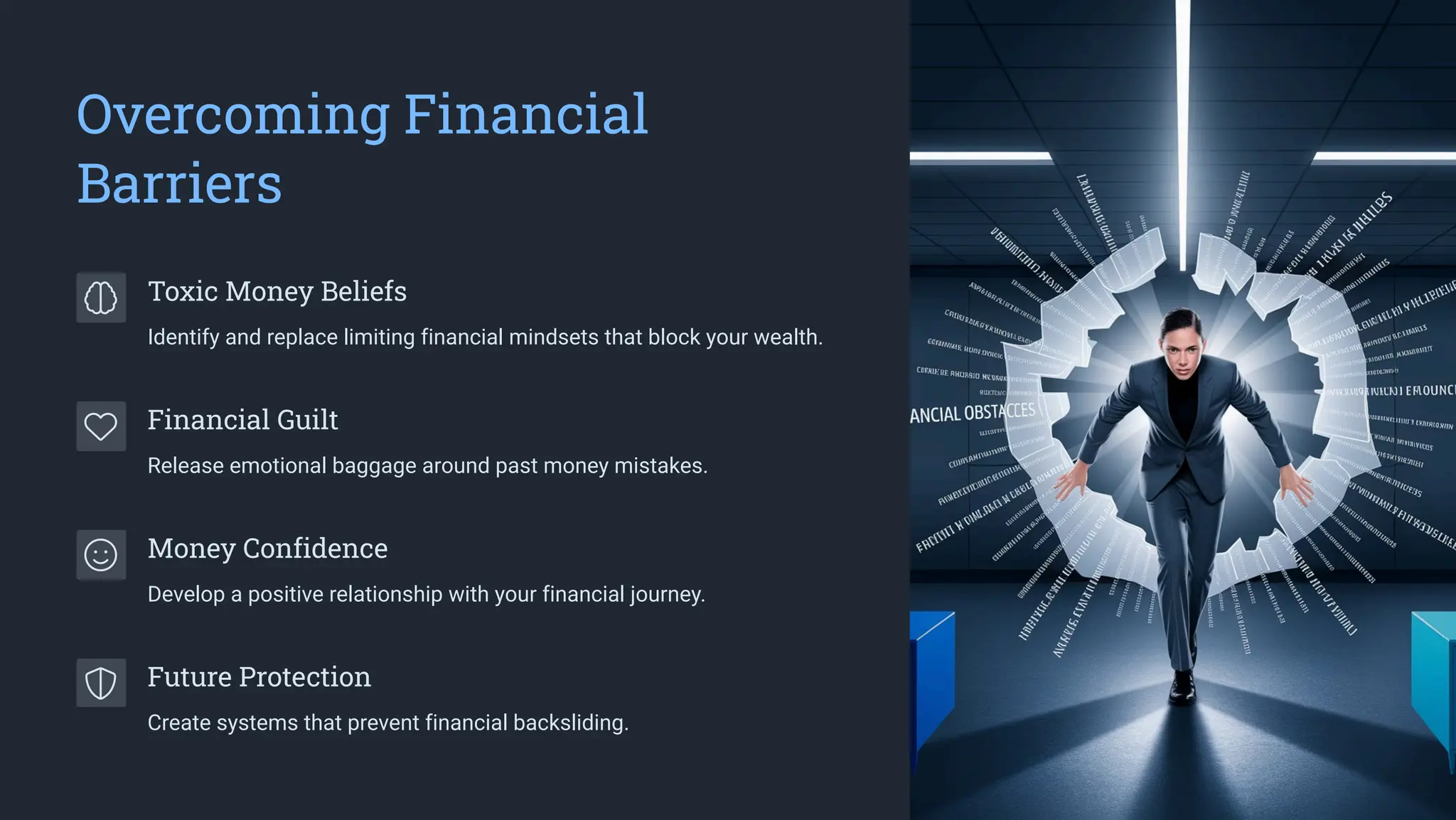 Overcoming Financial
Barriers
Toxic Money Beliefs
Identify and replace limiting financial mindsets that block your wealth.
Financial Guilt
Release emotional baggage around past money mistakes.
Money Confidence
Develop a positive relationship with your financial journey.
Future Protection
Create systems that prevent financial backsliding.
 