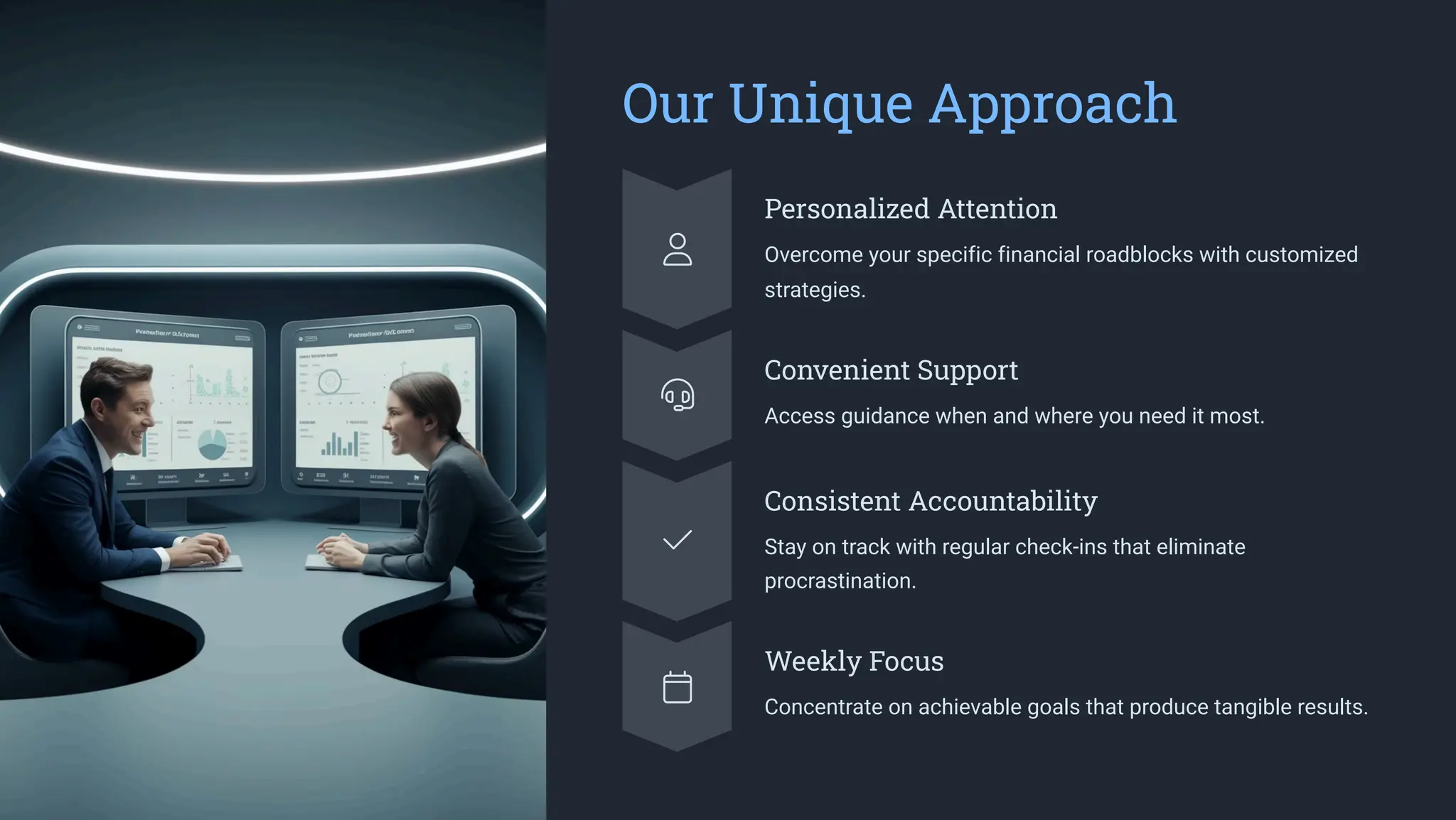 Our Unique Approach
Personalized Attention
Overcome your specific financial roadblocks with customized
strategies.
Convenient Support
Access guidance when and where you need it most.
Consistent Accountability
Stay on track with regular check-ins that eliminate
procrastination.
Weekly Focus
Concentrate on achievable goals that produce tangible results.
 