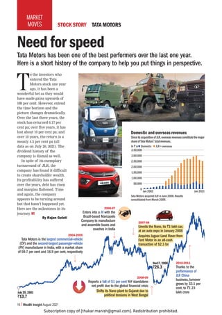 Subscription copy of [thakar.manish@gmail.com]. Redistribution prohibited.
16 Wealth Insight August 2021
MARKET
MOVES
`13.7
July 20, 2001
T
o the investors who
entered the Tata
Motors stock one year
ago, it has been a
wonderful bet as they would
have made gains upwards of
180 per cent. However, extend
the time horizon and the
picture changes dramatically.
Over the last three years, the
stock has returned 6.17 per
cent pa; over five years, it has
lost about 10 per cent pa; and
over 10 years, the return is a
measly 4.5 per cent pa (all
data as on July 20, 2021). The
dividend history of the
company is dismal as well.
In spite of its exemplary
turnaround of JLR, the
company has found it difficult
to create shareholder wealth.
Its profitability has suffered
over the years, debt has risen
and margins flattened. Time
and again, the company
appears to be turning around
but that hasn’t happened yet.
Here are the milestones in its
journey. WI
By Rajan Gulati
2004-2005
Tata Motors is the largest commercial-vehicle
(CV) and the second-largest passenger-vehicle
(PV) manufacturer in India, with a market share
of 59.7 per cent and 16.9 per cent, respectively
Need for speed
Tata Motors has been one of the best performers over the last one year.
Here is a short history of the company to help you put things in perspective.
STOCK STORY TATA MOTORS
`26.3
Nov17, 2008
SinceitsacquisitionofJLR,overseasrevenuesconstitutethemajor
shareofTataMotors’totalrevenues.
Domestic and overseas revenues
3,50,000
3,00,000
2,50,000
2,00,000
1,50,000
1,00,000
50,000
0
Jan 2002 Jan 2021
In ` cr
Tata Motors acquired JLR in June 2008. Results
consolidated from March 2009.
2010-2011
Thanks to the
performance of
JLR China
business, turnover
grows by 33.1 per
cent, to `1.23
lakh crore
2008-09
Reports a fall of 51 per cent YoY standalone
net profit due to the global financial crisis
Shifts its Nano plant to Gujarat due to
political tensions in West Bengal
2007-08
Unveils the Nano, its `1 lakh car,
at an auto expo in January 2008
Acquires Jaguar Land Rover from
Ford Motor in an all-cash
transaction of $2.3 bn
2006-07
Enters into a JV with the
Brazil-based Marcopolo
Company to manufacture
and assemble buses and
coaches in India
z Domestic z JLR + overseas
 