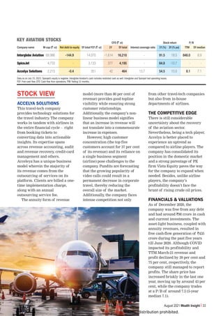 Subscription copy of [thakar.manish@gmail.com]. Redistribution prohibited.
August 2021 Wealth Insight 33
CFO (` cr) Stock return P/B
Company name M-cap (` cr) Net debt to equity 5Y total FCF (` cr) 1Y 5Y total Interest coverage ratio 1Y (%) 3Y (% pa) TTM 5Y median
0U[LYNSVIL(]PH[PVU 69,986 -144.9 14,070 -1,614 16,218 - 91.5 18.5 848.0 8.9
:WPJL1L[ 4,733 - 3,133 377 4,195 - 64.8 -10.7 - -
(JJLS`H:VS[PVUZ 2,215 -0.4 351 42 464 13.7 54.5 10.0 8.1 7.1
Data as on July 15, 2021. Spicejet’s equity is negative. Interglobe Aviation’s cash includes restricted cash as well. Interglobe and Spicejet had operating losses.
FCF: Free cash ﬂow. CFO: Cash ﬂow from operations.TTM: Trailing 12 months.
2,@(=0(;065:;6*2:
STOCK VIEW
ACCELYA SOLUTIONS
This travel-tech company
provides technology solutions for
the travel industry
. The company
works in tandem with airlines in
the entire financial cycle – right
from booking tickets to
converting data into actionable
insights. Its expertise spans
across revenue accounting, audit
and revenue recovery, credit-card
management and others.
Acceleya has a unique business
model wherein the majority of
its revenue comes from the
outsourcing of services on its
platform. Clients are billed a one-
time implementation charge,
along with an annual
outsourcing service fee.
The annuity form of revenue
model (more than 80 per cent of
revenue) provides good topline
visibility while ensuring strong
customer relationships.
Additionally, the company’s non-
linear business model signifies
that an increase in revenue will
not translate into a commensurate
increase in expenses.
However, high customer
concentration (the top five
customers account for 37 per cent
of its revenue) and its reliance on
a single business segment
(airline) pose challenges to the
company. Pundits are forecasting
that the growing popularity of
video calls could result in a
permanent decrease in corporate
travel, thereby reducing the
overall size of the market.
Additionally, the company faces
intense competition not only
from other travel-tech companies
but also from in-house
departments of airlines.
THE COMPETITIVE EDGE
There is still considerable
uncertainty about the recovery
of the aviation sector.
Nevertheless, being a tech player,
Accelya is better placed to
experience an uptrend as
compared to airline players. The
company has consolidated its
position in the domestic market
and a strong parentage of PE
firm Vista Equity paves the way
for the company to expand when
needed. Besides, unlike airline
players, the company’s
profitability doesn’t face the
brunt of rising crude oil prices.
FINANCIALS  VALUATIONS
As of December 2020, the
company was free from any debt
and had around `98 crore in cash
and current investments. The
asset-light business, coupled with
annuity revenues, resulted in
free cash-flow generation of `435
crore during the past five years
till June 2020. Although COVID
impacted its profitability and
TTM March-21 revenue and
profit declined by 39 per cent and
75 per cent, respectively, the
company still managed to report
profits. The share price has
increased briskly in the last one
year, moving up by around 43 per
cent, while the company trades
at a P/B of around 7.5 (5-year
median 7.1).
 