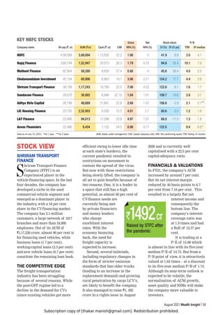 Subscription copy of [thakar.manish@gmail.com]. Redistribution prohibited.
August 2021 Wealth Insight 39
Gross Net Stock return P/B
Company name M-cap (` cr) AUM (`cr) Cash (` cr) CAR NPA (%) NPA (%) 1Y (%) 3Y (% pa) TTM 5Y median
/+-* 4,58,589 5,69,894 1,13,830 22.2 1.98 0 41.9 8.8 3.0 4.1
)HQHQ-PUHUJL 3,69,744 1,52,947 20,573 28.3 1.79 0.75 94.6 35.4 10.1 7.9
4[OVV[-PUHUJL 62,904 58,280 8,830 27.4 0.88 0 45.6 58.4 4.0 2.5
*OVSHTHUKHSHT0U]YZ[TLU[ 42,154 69,996 6,863 19.1 3.96 2.21 154.2 17.7 4.4 3.8
:OYPYHT;YHUZWVY[-PUHUJL 39,189 1,17,243 19,789 22.5 7.06 4.22 122.8 6.1 1.6 1.7
:UKHYHT-PUHUJL 29,570 30,882 6,846 22.10 1.84 1.01 109.7 19.6 3.8 3.7
(KP[`H)PYSH*HWP[HS 28,748 48,689 31,661 22.8 2.68 1.47 106.8 -2.9 2.1 2.1
30*/VZPUN-PUHUJL 23,702 2,32,003 6,029 15.3 4.01 2.7 80.6 -2.0 1.2 1.6
3 ;-PUHUJL 23,495 94,013 17,299 23.8 4.97 1.57 68.0 -11.5 1.3 1.8
(H]HZ-PUHUJPLYZ 22,486 9,454 1,125 54.5 0.98 0.71 122.0 - 9.4 6.6
Data as on July 15, 2021; *For 1 year; **For 3 years AUM: Assets under management. CAR: Capital adequacy ratio. NPA: Non-performing assets.TTM: Trailing 12 months.
2,@5)-*:;6*2:
STOCK VIEW
SHRIRAM TRANSPORT
FINANCE
S
hriram Transport Finance
Company (STFC) is an
experienced player in the
vehicle-financing space. In the last
four decades, the company has
developed a niche in the used
commercial-vehicle segment and
emerged as a dominant player in
the industry, with a 16 per cent
share in the CV-financing market.
The company has 2.1 million
customers, a large network of 1817
branches and more than 24,000
employees. Out of its AUM of
`1,17,230 crore, almost 90 per cent is
for financing used vehicles, while
business loans (1.7 per cent),
working-capital loans (2.3 per cent)
and new vehicle loans (6.7 per cent)
constitute the remaining loan book.
THE COMPETITIVE EDGE
The freight transportation
industry has been struggling
because of several reasons. While
the post-GST regime led to a
decline in the demand for CVs
(since existing vehicles got more
efficient owing to lower idle time
at each state’s borders), the
current pandemic resulted in
restrictions on movement to
contain the spread of the virus.
But now with these restrictions
being slowly lifted, the company is
all set to gain benefits because of
two reasons. One, it is a leader in
a space that still has a high
potential, as almost 60 per cent of
CV-finance needs are
currently being met
by private financiers
and money lenders
who charge
exorbitant interest
rates. With the
economy bouncing
back, the need for
freight capacity is
expected to increase.
Second, several tailwinds,
including regulatory changes in
the form of stricter emission
standards that ban older trucks
(leading to an increase in the
replacement demand) and growing
rural penetration by cargo LCV’s,
are likely to benefit the company.
It also managed to raise `1, 492
crore in a rights issue in August
2020 and is currently well
capitalised with a 22.5 per cent
capital-adequacy ratio.
FINANCIALS  VALUATIONS
In FY21, the company’s AUM
increased by around 7 per cent.
But its net interest margin
reduced by 46 basis points to 6.7
per cent from 7.16 per cent. This
resulted in a largely flat net
interest income and
consequently the
bottom line. The
company’s interest-
coverage ratio was
at 1.9 times and had
a RoE of 12.57 per
cent.
It is trading at a
P/E of 15.68 which
is almost in line with its five-year
median P/E of 14.73. But from a
P/B point of view, it is attractively
valued at 1.64 times – at a discount
to its five-year median P/B of 1.74.
Although its near-term outlook is
expected to be volatile, the
normalisation of AUM growth,
asset quality and NIMs will make
the company more valuable to
investors.
Raised by STFC after
the pandemic
`1492cr
*
**
 