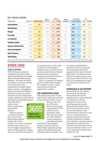 Subscription copy of [thakar.manish@gmail.com]. Redistribution prohibited.
August 2021 Wealth Insight 45
STOCK VIEW
TCNS CLOTHING
TCNS Clothing is involved in
manufacturing women’s ethnic
apparel and operates three brands
with each having differentiated
offerings – W, a fusion of Indian
and western wear brand catering
to work and casual wear
requirements of modern Indian
women; Aurelia, a contemporary
ethnic wear brand and Wishful, a
premium occasion-wear brand.
Over the years, the company has
quickly expanded its retail network
and today, has a pan-India presence
with 3,685 outlets
across various
formats, along with a
strong online
presence.
Women’s apparel
constitutes around 37
per cent of the $78
billion Indian apparel
market. Out of this,
around 71 per cent is constituted
by Indian wear. However, the
sector is highly unorganised in
nature. TCNS is playing a leading
role in the shift from unorganised
to organised sectors. Factors like
an increase in the number of
working women, the shift towards
aspiration rather than need-based
buying and the emergence of
home-grown brands are acting as
a catalyst for the company.
Most of its products are sharply
priced at under `1,000, enabling
the company to attract a larger
target group and seize the
opportunity to expand.
THE COMPETITIVE EDGE
With people staying more at home,
sales of ethnic and casual wear took
a severe beating. In FY21, its sales
fell by 44.7 per cent
over FY20 sales.
However, the company
remains debt-free with
cash and current
investments worth
`187 crore on its books
as of FY21. With the
economy opening up
and people going back
to normal life, the company’s
brands are expected to recover
faster. Besides, aggressive pricing,
coupled with strong brand equity,
will further help the company even
if customers downtrend their
purchases to lower pricing points.
The management has devised
aggressive growth plans. Given the
opportunity in the dull real-estate
market, the company plans to open
more than 60 stores in FY22 on a net
basis. It is also planning to expand
its footprint in tier-III and tier-IV
towns.
FINANCIALS  VALUATIONS
Before COVID hit, the company
was growing at a swift pace.
During March 2017–20, the
company grew its sales and profits
by 18 and 64 per cent YoY,
respectively. In each of the
preceding quarters, its sales
improved and its Q4FY21 sales
were at the same level as that of
the last year. However, risks
associated with a third wave of the
virus are still imminent and
investors should enter the stock
with the expectation of medium-
term turbulence. Amid the ongoing
bull market, the stock price has
returned 75 per cent in the last one
year and currently, trades at a P/B
of 6 as compared to the three-year
median of 5.3. WI
5Y total CFO (` cr) Interest Stock return P/B
Company name M-cap (` cr) Net debt to equity FCF (` cr) 1Y 5Y total coverage ratio 1Y (%) 3Y (% pa) TTM 5Y median
7HNL0UKZ[YPLZ 36,884 -0.5 1,926 696 2,169 17.4 69.9 5.6 41.7 28.8
(SVR0UKZ[YPLZ 13,952 - -3,056 345 -2,930 0.4 -24.2 91.5 - 0.2
LSZWU 12,609 0.6 1,243 954 3,915 6.8 283.2 34.6 3.8 2.3
2794PSS 12,597 0.1 1,316 659 2,216 25.3 307.4 44.6 6.6 3.0
3_0UKZ[YPLZ 10,969 -0.1 570 389 693 29.9 209.2 26.2 10.9 8.2
=HYKOTHU;L_[PSLZ 9,275 0.2 618 168 2,970 7.2 147.8 10.0 1.5 1.2
.HY^HYL;LJOUPJHS-PIYLZ 7,009 -0.2 486 230 621 19.8 125.8 41.7 8.3 4.1
0UKV*VU[0UKZ[YPLZ 3,931 0.2 330 -16 596 13.4 394.2 37.1 3.1 1.9
9WH *VTWHU` 3,861 0.0 288 211 387 19.2 197.6 11.3 4.9 4.6
;*5:*SV[OPUN 3,680 -0.3 284 113 401 0.1 77.2 -3.7 6.0 5.3
Data as on July 15, 2021. For Alok Industries, equity is negative. FCF: Free cash ﬂow. CFO: Cash ﬂow from operations.TTM: Trailing 12 months.
2,@;,?;03,:;6*2:
Outlets across
various formats
3685
 