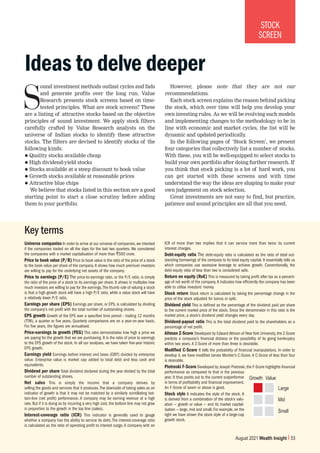 Subscription copy of [thakar.manish@gmail.com]. Redistribution prohibited.
August 2021 Wealth Insight 53
STOCK
SCREEN
Universe companies In order to arrive at our universe of companies, we checked
if the companies traded on all the days for the last two quarters. We considered
the companies with a market capitalisation of more than `500 crore.
Price to book value (P/B) Price to book value is the ratio of the price of a stock
to the book value per share of the company. It shows how much premium investors
are willing to pay for the underlying net assets of the company.
Price to earnings (P/E) The price-to-earnings ratio, or the P/E ratio, is simply
the ratio of the price of a stock to its earnings per share. It shows in multiples how
much investors are willing to pay for the earnings.The thumb rule of valuing a stock
is that a high-growth stock will have a high P/E ratio, while a value stock will have
a relatively lower P/E ratio.
Earnings per share (EPS) Earnings per share, or EPS, is calculated by dividing
the company’s net profit with the total number of outstanding shares.
EPS growth Growth of the EPS over a specified time period – trailing 12 months
(TTM), a quarter or five years. Quarterly comparisons are on a year-on-year basis.
For five years, the figures are annualised.
Price-earnings to growth (PEG) This ratio demonstrates how high a price we
are paying for the growth that we are purchasing. It is the ratio of price to earnings
to the EPS growth of the stock. In all our analyses, we have taken five-year historic
EPS growth.
Earnings yield Earnings before interest and taxes (EBIT) divided by enterprise
value. Enterprise value is market cap added to total debt and less cash and
equivalents.
Dividend per share Total dividend declared during the year divided by the total
number of outstanding shares.
Net sales This is simply the income that a company derives by
selling the goods and services that it produces.The downside of taking sales as an
indicator of growth is that it may not be matched by a similarly scintillating bot-
tom-line (net profit) performance. A company may be earning revenue at a high
rate. But if it is doing so by incurring a very high cost, the bottom line may not grow
in proportion to the growth in the top line (sales).
Interest-coverage ratio (ICR) This indicator is generally used to gauge
whether a company has the ability to service its debt. The interest-coverage ratio
is calculated as the ratio of operating profit to interest outgo. A company with an
ICR of more than two implies that it can service more than twice its current
interest charges.
Debt-equity ratio The debt-equity ratio is calculated as the ratio of total out-
standing borrowings of the company to its total equity capital. It essentially tells us
which companies use excessive leverage to achieve growth. Conventionally, the
debt-equity ratio of less than two is considered safe.
Return on equity (RoE) This is measured by taking profit after tax as a percent-
age of net worth of the company. It indicates how efficiently the company has been
able to utilise investors’ money.
Stock return Stock return is calculated by taking the percentage change in the
price of the stock adjusted for bonus or split.
Dividend yield This is defined as the percentage of the dividend paid per share
to the current market price of the stock. Since the denominator in this ratio is the
market price, a stock’s dividend yield changes every day.
Dividend-payout ratio This is the total dividend paid to the shareholders as a
percentage of net profit.
Altman Z-Score Developed by Edward Altman of New York University, the Z-Score
predicts a company’s financial distress or the possibility of its going bankruptcy
within two years. A Z-Score of more than three is desirable.
Modified C-Score It tells the probability of financial manipulations. In order to
develop it, we have modified James Montier’s C-Score. A C-Score of less than four
is desirable.
Piotroski F-Score Developed by Joseph Piotroski, the F-Score highlights financial
performance as compared to that in the previous
year. It thus points out to the current outperformer
in terms of profitability and financial improvement.
An F-Score of seven or above is good.
Stock style It indicates the style of the stock. It
is derived from a combination of the stock’s valu-
ation — growth or value — and its market capital-
isation — large, mid and small. For example, on the
right we have shown the stock style of a large-cap
growth stock.
Key terms
Ideas to delve deeper
S
ound investment methods outlast cycles and fads
and generate profits over the long run. Value
Research presents stock screens based on time-
tested principles. What are stock screens? These
are a listing of attractive stocks based on the objective
principles of sound investment. We apply stock filters
carefully crafted by Value Research analysts on the
universe of Indian stocks to identify these attractive
stocks. The filters are devised to identify stocks of the
following kinds:
z Quality stocks available cheap
z High dividend-yield stocks
z Stocks available at a steep discount to book value
z Growth stocks available at reasonable prices
z Attractive blue chips
We believe that stocks listed in this section are a good
starting point to start a close scrutiny before adding
them to your portfolio.
However, please note that they are not our
recommendations.
Each stock screen explains the reason behind picking
the stock, which over time will help you develop your
own investing rules. As we will be evolving such models
and implementing changes to the methodology to be in
line with economic and market cycles, the list will be
dynamic and updated periodically
.
In the following pages of ‘Stock Screen’, we present
four categories that collectively list a number of stocks.
With these, you will be well-equipped to select stocks to
build your own portfolio after doing further research. If
you think that stock picking is a lot of hard work, you
can get started with these screens and with time
understand the way the ideas are shaping to make your
own judgement on stock selection.
Great investments are not easy to find, but practice,
patience and sound principles are all that you need.
Large
Mid
Small
Value
Growth
 