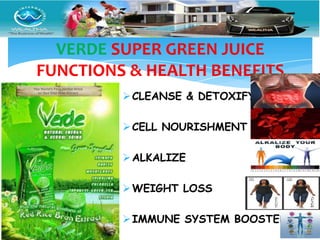 VERDE SUPER GREEN JUICE
FUNCTIONS & HEALTH BENEFITS
          CLEANSE & DETOXIFY

          CELL NOURISHMENT

          ALKALIZE

          WEIGHT LOSS

          IMMUNE SYSTEM BOOSTER
 