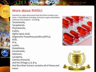 More about RAISU:
Scientists in Japan discovered that Rice Bran Contains over
2000++ Antioxidants including 120 known super antioxidants
cofactors and catalysts – including:
Tocotrienols,
Tocopherols
Phytosterols,
CoQ10,
Alpha Lipoic Acid,
Oligomeric Proanthocyanidins (OPCs),
SOD,
IP-6,
Lutein,
Glutathione,
Carotenoids,
Selenium,
Lycopene,
Gamma Oryzanol,
and the Omega 3, 6, & 9.
Red Rice Bran Extract contains all of these and
more!
 