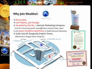 Why join Wealtha?:
→ Since 2009
→ 70% Filipino, 30% Foreign
→ Awarded as the No. 1 internet Marketing Company-
 2010 18th annual Asia pacific Award@Tokyo Imperial Hotel, Japan
→ with 30yrs combine experience in Global Network Marketing
→ Suite 209 AIC Burgundy Empire Tower,
  ADB Avenue, Ortigas Center, Pasig City

   Welcome to
  Wealtha Family!
 