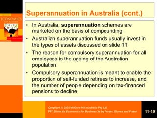 Copyright  2005 McGraw-Hill Australia Pty Ltd
PPT Slides t/a Economics for Business 3e by Fraser, Gionea and Fraser 11-19
Superannuation in Australia (cont.)
• In Australia, superannuation schemes are
marketed on the basis of compounding
• Australian superannuation funds usually invest in
the types of assets discussed on slide 11
• The reason for compulsory superannuation for all
employees is the ageing of the Australian
population
• Compulsory superannuation is meant to enable the
proportion of self-funded retirees to increase, and
the number of people depending on tax-financed
pensions to decline
 