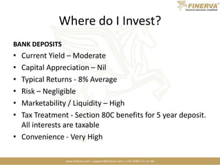 Where do I Invest?BANK DEPOSITSCurrent Yield – ModerateCapital Appreciation – NilTypical Returns - 8% Average Risk – NegligibleMarketability / Liquidity – HighTax Treatment - Section 80C benefits for 5 year deposit. All interests are taxable Convenience - Very High