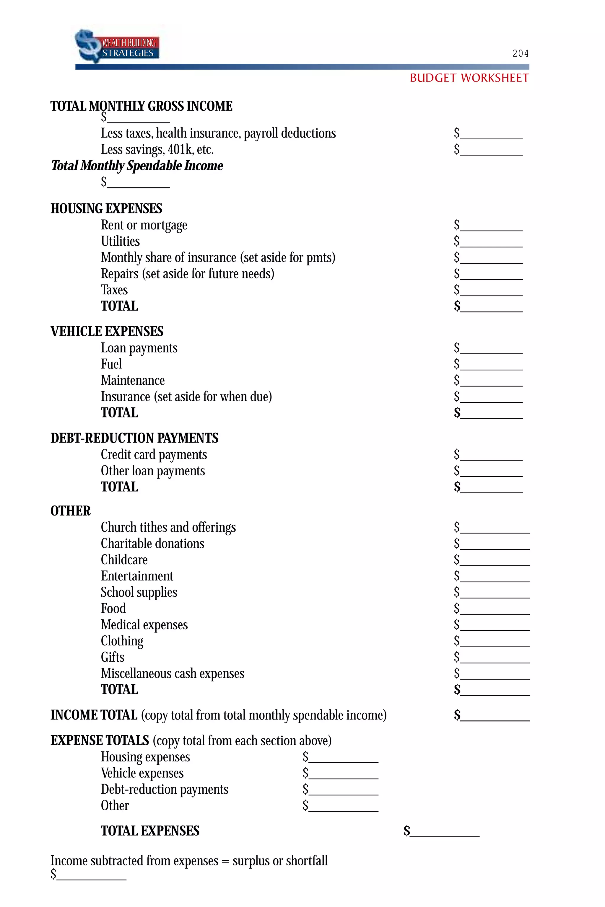 WEALTH BUILDING
          STRATEGIES                                                           204

                                                                BUDGET WORKSHEET

TOTAL MONTHLY GROSS INCOME
         $_________
         Less taxes, health insurance, payroll deductions              $_________
         Less savings, 401k, etc.                                      $_________
Total Monthly Spendable Income
         $_________
HOUSING EXPENSES
       Rent or mortgage                                                $_________
       Utilities                                                       $_________
       Monthly share of insurance (set aside for pmts)                 $_________
       Repairs (set aside for future needs)                            $_________
       Taxes                                                           $_________
       TOTAL                                                           $_________
VEHICLE EXPENSES
       Loan payments                                                   $_________
       Fuel                                                            $_________
       Maintenance                                                     $_________
       Insurance (set aside for when due)                              $_________
       TOTAL                                                           $_________
DEBT-REDUCTION PAYMENTS
       Credit card payments                                            $_________
       Other loan payments                                             $_________
       TOTAL                                                           $_________
OTHER
          Church tithes and offerings                                  $__________
          Charitable donations                                         $__________
          Childcare                                                    $__________
          Entertainment                                                $__________
          School supplies                                              $__________
          Food                                                         $__________
          Medical expenses                                             $__________
          Clothing                                                     $__________
          Gifts                                                        $__________
          Miscellaneous cash expenses                                  $__________
          TOTAL                                                        $__________
INCOME TOTAL (copy total from total monthly spendable income)          $__________
EXPENSE TOTALS (copy total from each section above)
       Housing expenses                       $__________
       Vehicle expenses                       $__________
       Debt-reduction payments                $__________
       Other                                  $__________
          TOTAL EXPENSES                                        $__________

Income subtracted from expenses = surplus or shortfall
$__________
 