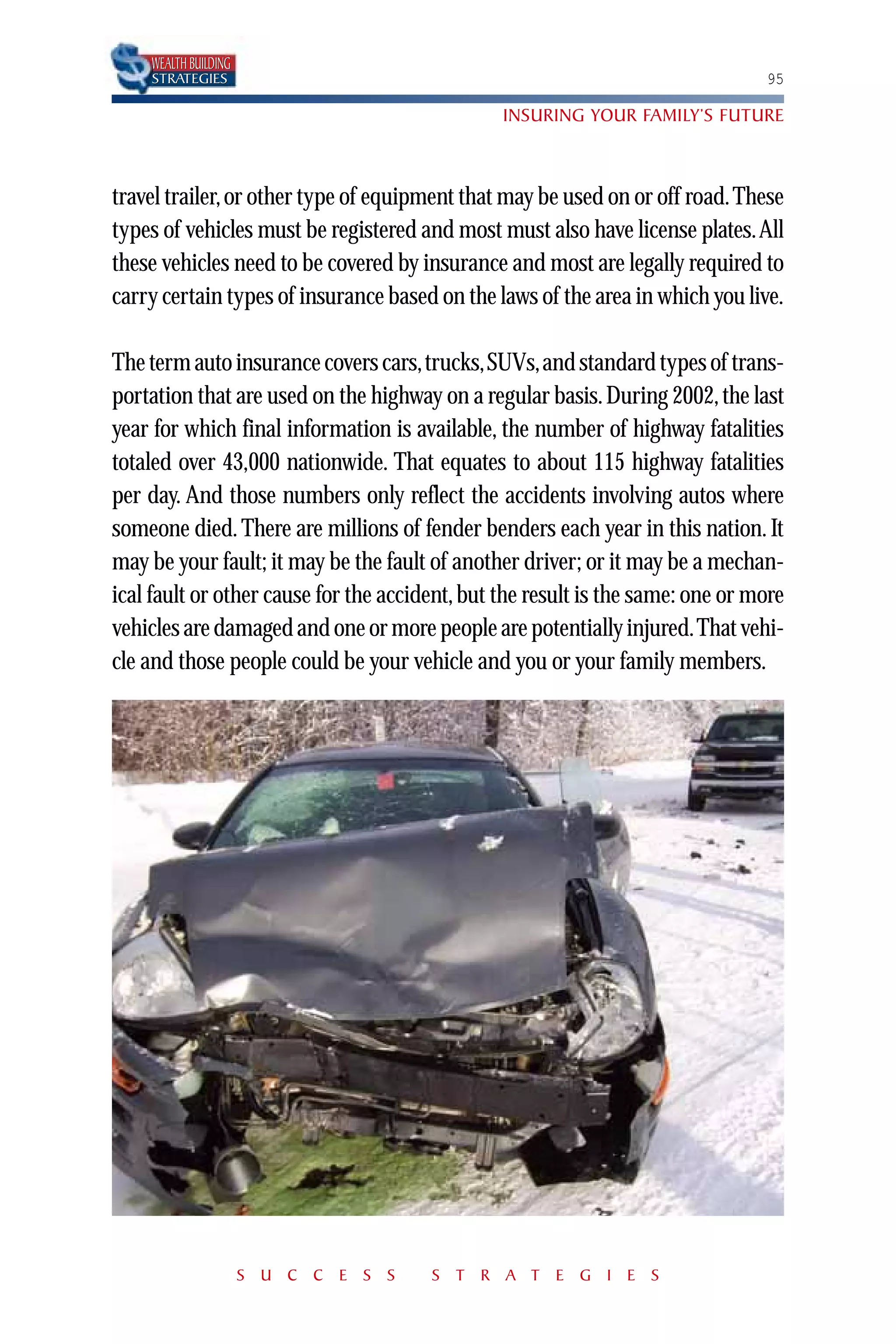 WEALTH BUILDING
    STRATEGIES                                                                  95

                                                INSURING YOUR FAMILY’S FUTURE



travel trailer, or other type of equipment that may be used on or off road. These
types of vehicles must be registered and most must also have license plates.All
these vehicles need to be covered by insurance and most are legally required to
carry certain types of insurance based on the laws of the area in which you live.

The term auto insurance covers cars,trucks,SUVs,and standard types of trans-
portation that are used on the highway on a regular basis. During 2002, the last
year for which final information is available, the number of highway fatalities
totaled over 43,000 nationwide. That equates to about 115 highway fatalities
per day. And those numbers only reflect the accidents involving autos where
someone died. There are millions of fender benders each year in this nation. It
may be your fault; it may be the fault of another driver; or it may be a mechan-
ical fault or other cause for the accident, but the result is the same: one or more
vehicles are damaged and one or more people are potentially injured.That vehi-
cle and those people could be your vehicle and you or your family members.




                      S U C C E S S    S T R A T E G I E S
 