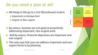 Do you need a plan at all?
 All things in life go to a 2x2 (Eisenhower) matrix
 Important vs Unimportant
 Urgent vs Non-urgent
 By nature, humans are not good at proactively
addressing important, non-urgent work
 And by nature, financial objectives are important and
non-urgent
 The only way that you can address important and non-
urgent items is by planning
15 June 2015Rev 1.9 Redistribution restricted
 